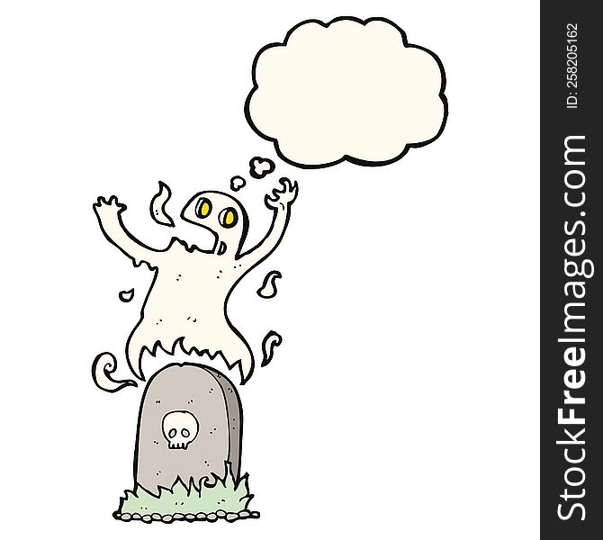 Cartoon Ghost Rising From Grave With Thought Bubble