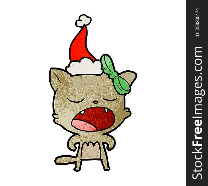hand drawn textured cartoon of a cat meowing wearing santa hat