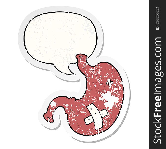 cartoon stomach with speech bubble distressed distressed old sticker. cartoon stomach with speech bubble distressed distressed old sticker