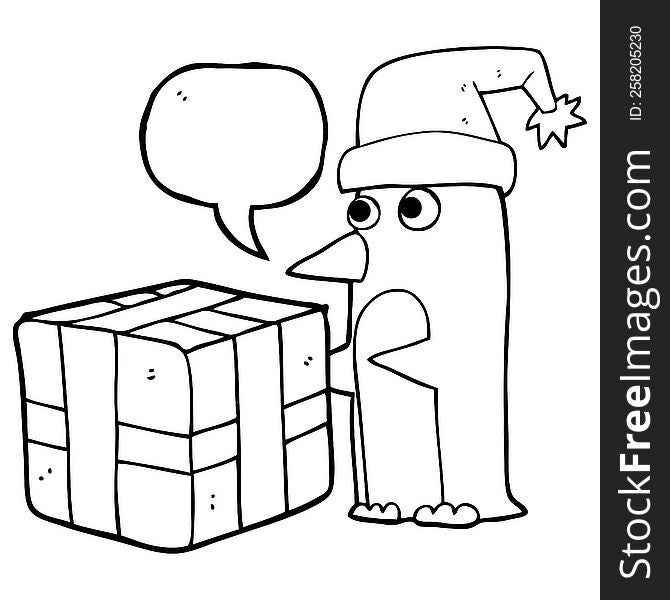 Speech Bubble Cartoon Christmas Penguin With Present