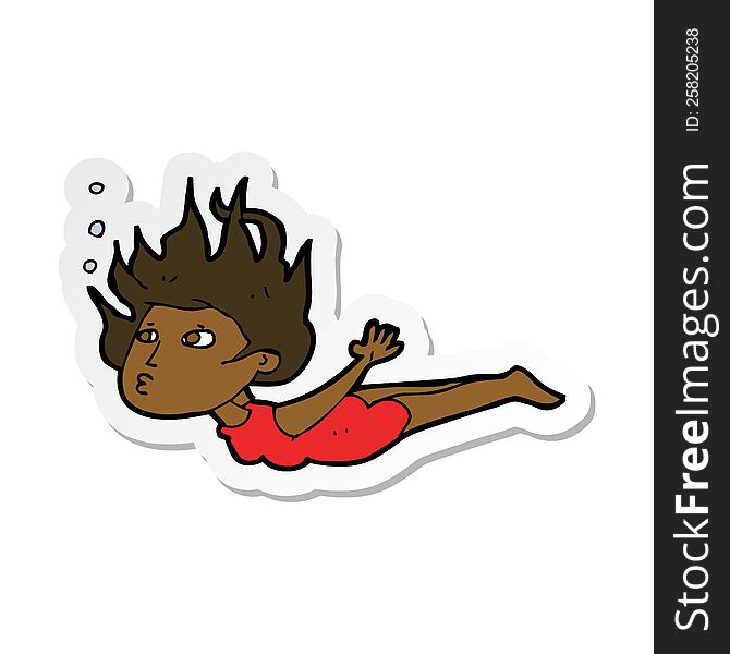 sticker of a cartoon woman swimming underwater