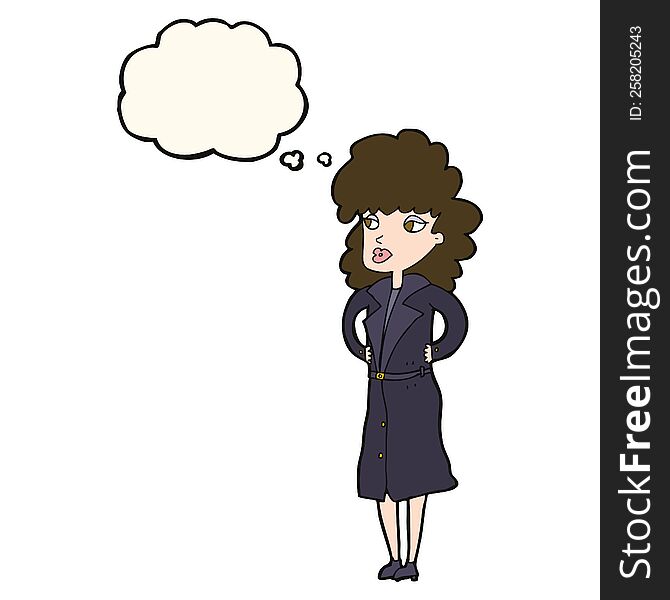 cartoon woman in trench coat with thought bubble