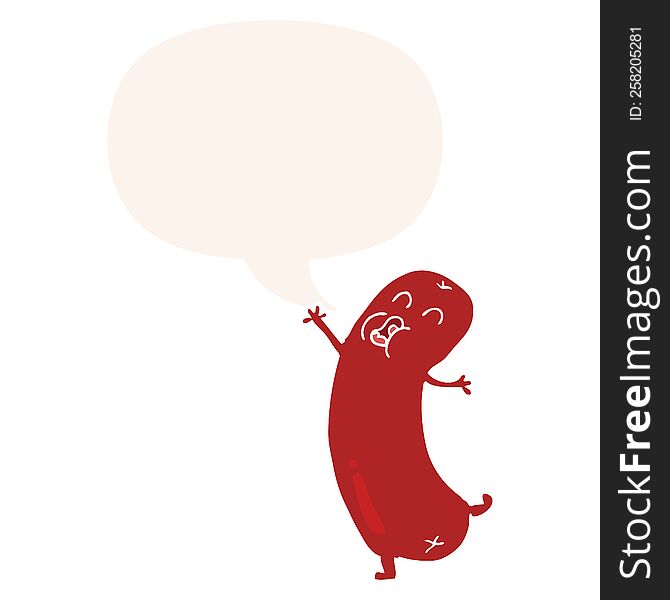 cartoon dancing sausage with speech bubble in retro style