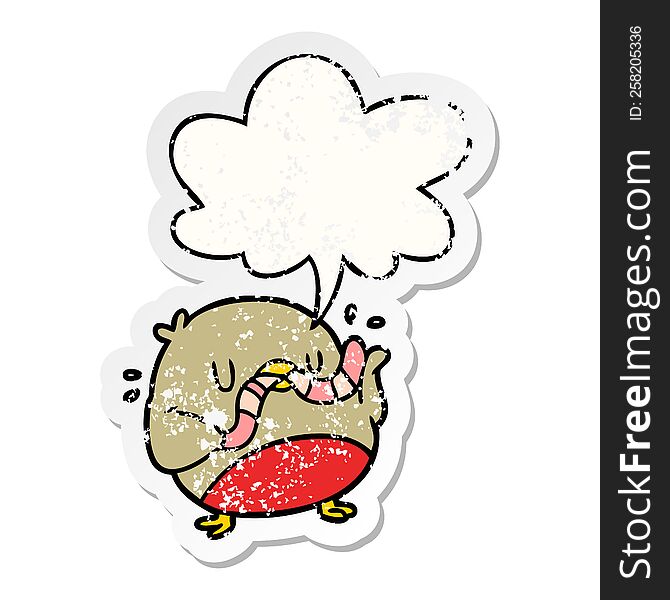 cartoon bird eating worm and speech bubble distressed sticker