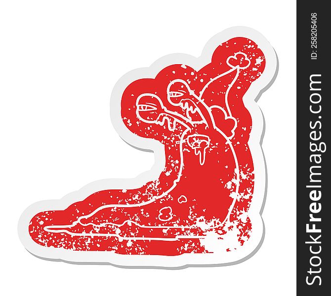 Gross Cartoon Distressed Sticker Of A Slug Wearing Santa Hat