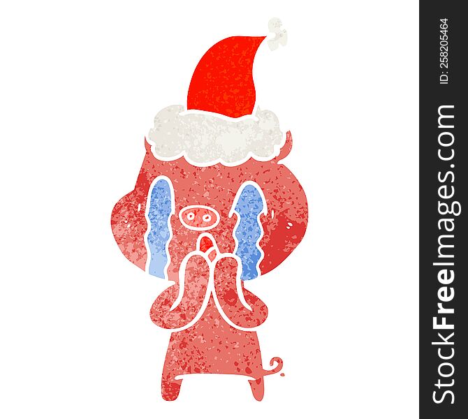 Crying Pig Retro Cartoon Of A Wearing Santa Hat