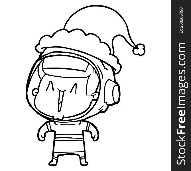 hand drawn line drawing of a astronaut man wearing santa hat