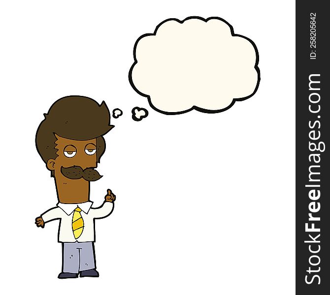 Cartoon Man With Mustache Explaining With Thought Bubble