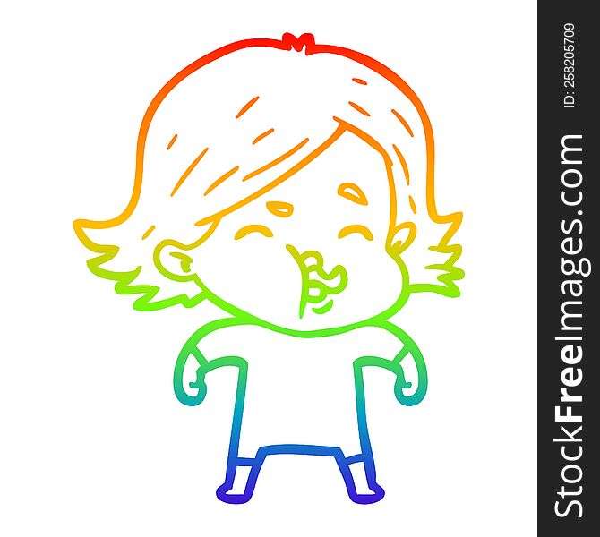 Rainbow Gradient Line Drawing Cartoon Girl Pulling Face
