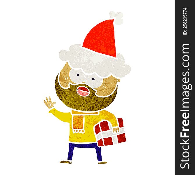 Retro Cartoon Of A Bearded Man With Present Wearing Santa Hat