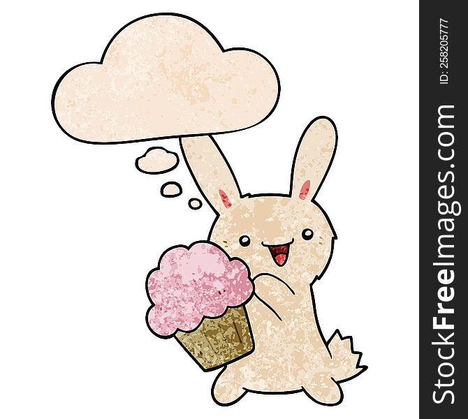 cute cartoon rabbit with muffin with thought bubble in grunge texture style. cute cartoon rabbit with muffin with thought bubble in grunge texture style
