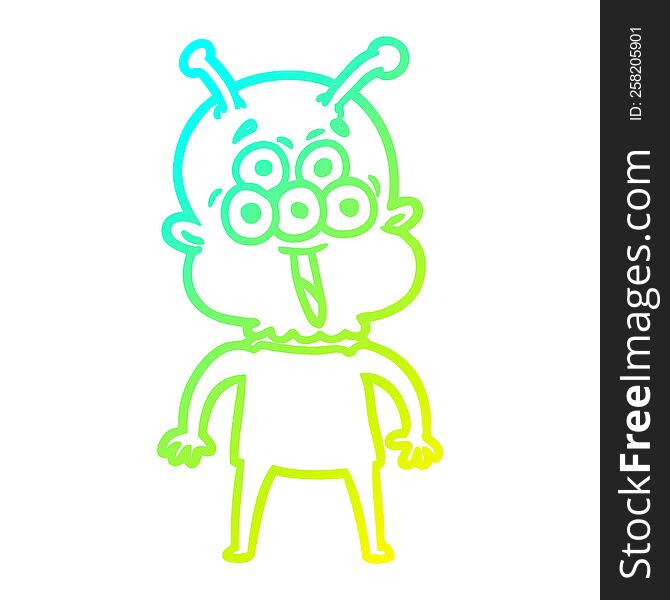 cold gradient line drawing of a happy cartoon alien