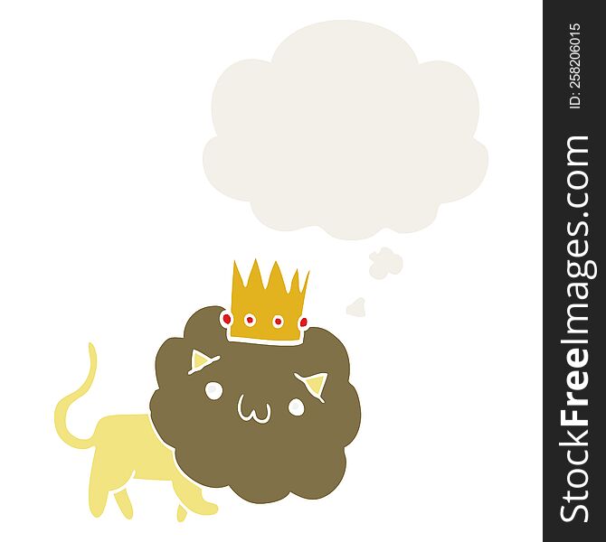 Cartoon Lion With Crown And Thought Bubble In Retro Style