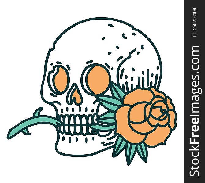 iconic tattoo style image of a skull and rose. iconic tattoo style image of a skull and rose