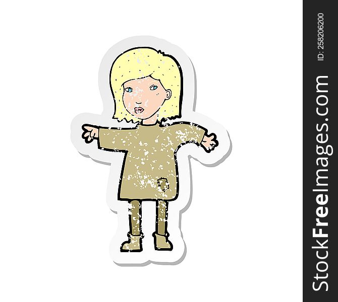 retro distressed sticker of a cartoon woman in patched clothing