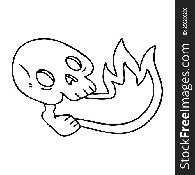 Fire Breathing Quirky Line Drawing Cartoon Skull