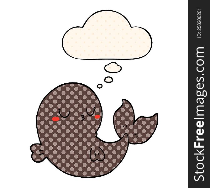 cute cartoon whale with thought bubble in comic book style