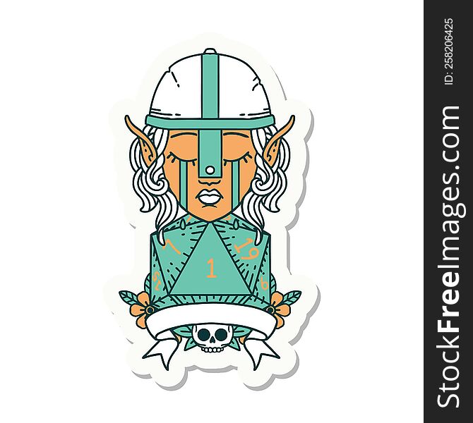 sticker of a crying elf fighter character face with natural one D20 roll. sticker of a crying elf fighter character face with natural one D20 roll