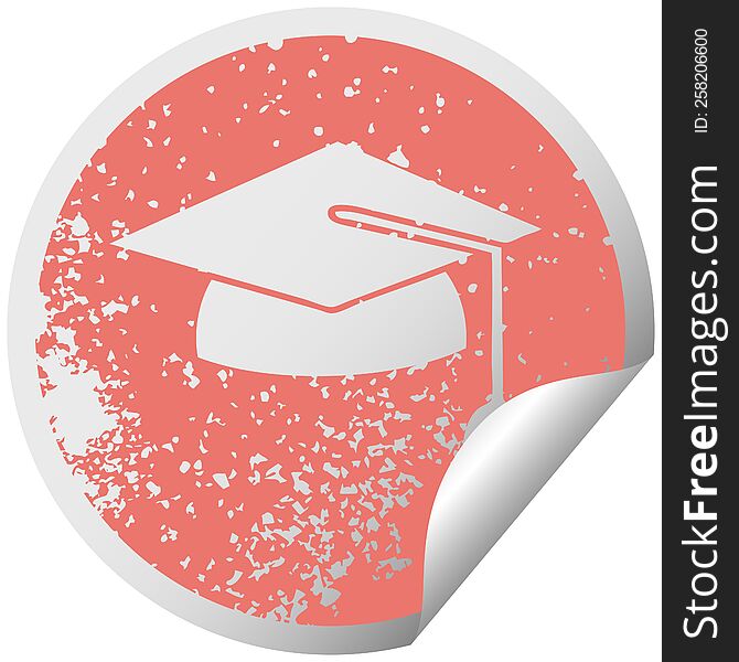 distressed circular peeling sticker symbol of a graduation cap