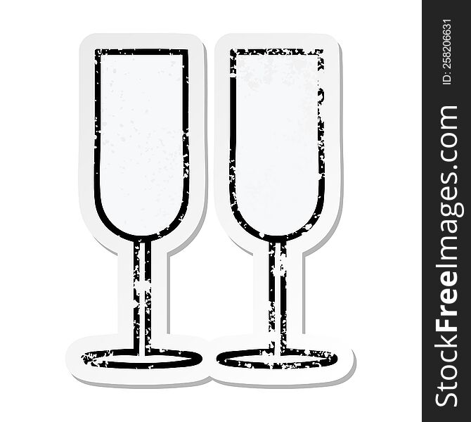 distressed sticker of a cute cartoon champagne flutes