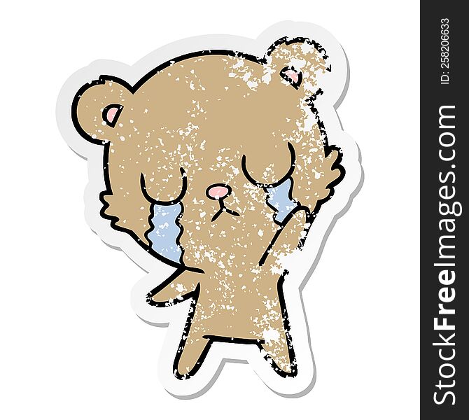 Distressed Sticker Of A Crying Cartoon Bear Waving