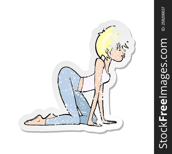 retro distressed sticker of a cartoon sexy woman on all fours