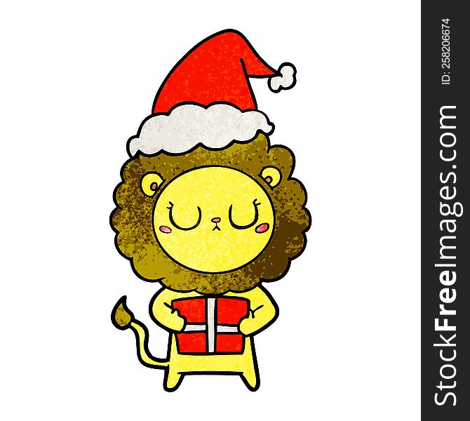 hand drawn textured cartoon of a lion with christmas present wearing santa hat