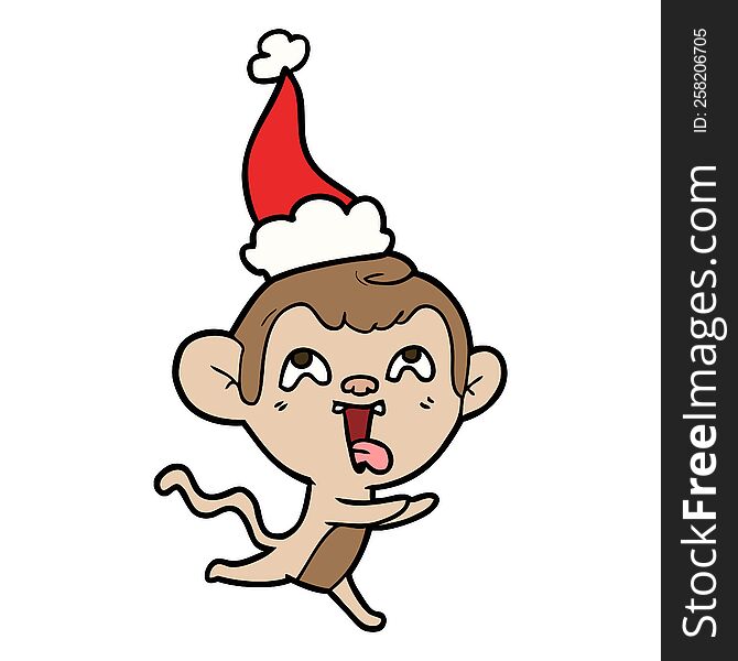 Crazy Line Drawing Of A Monkey Running Wearing Santa Hat