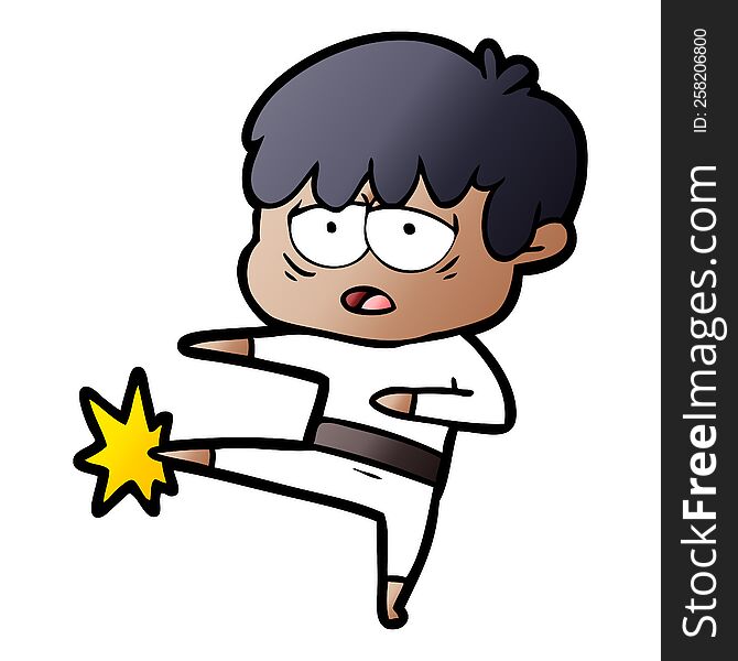 cartoon exhausted boy doing karate. cartoon exhausted boy doing karate