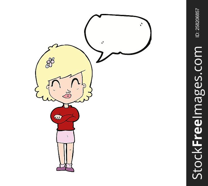 Cartoon Happy Woman With Folded Arms With Speech Bubble