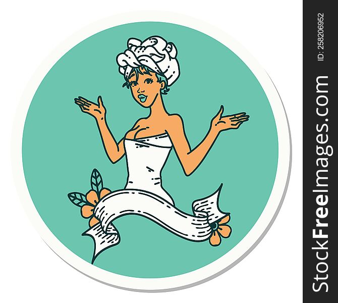 tattoo style sticker of a pinup girl in towel with banner