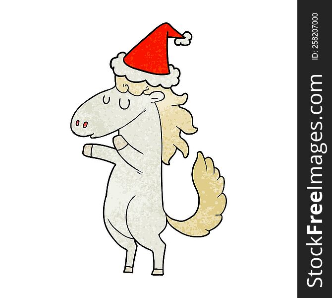 hand drawn textured cartoon of a horse wearing santa hat