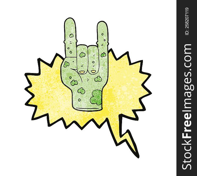 freehand speech bubble textured cartoon zombie hand making horn sign