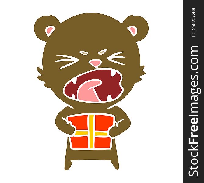 Angry Flat Color Style Cartoon Bear With Present