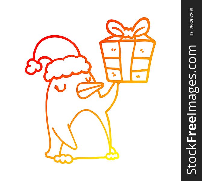 warm gradient line drawing of a cartoon penguin with christmas present