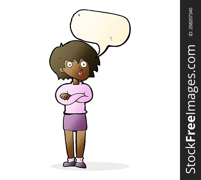 cartoon woman wit crossed arms with speech bubble