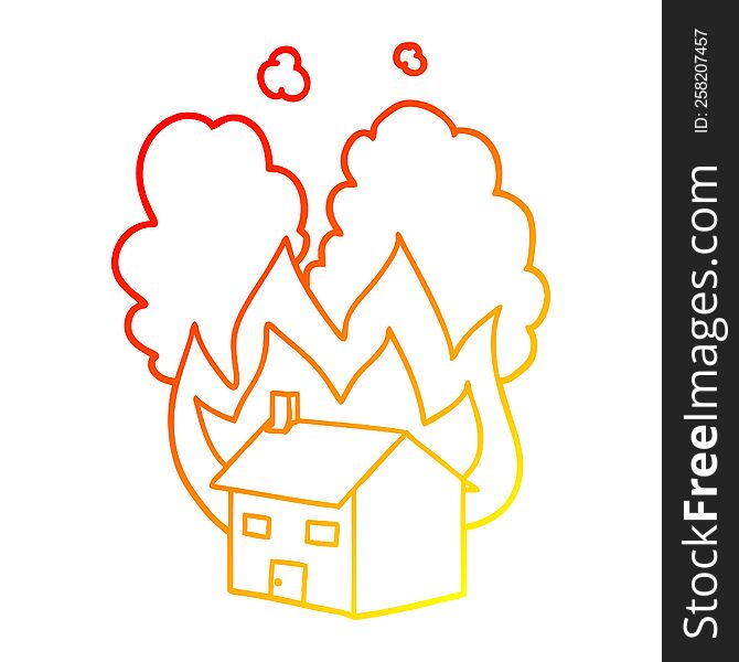 warm gradient line drawing of a cartoon burning house