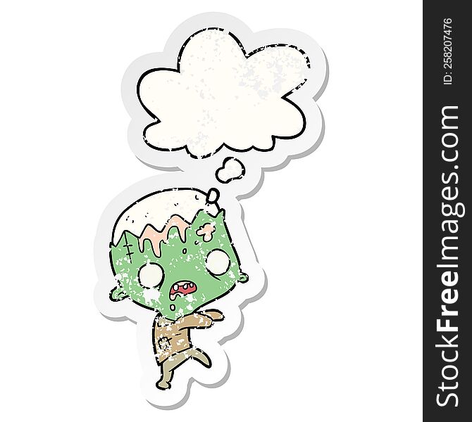 Cartoon Zombie And Thought Bubble As A Distressed Worn Sticker