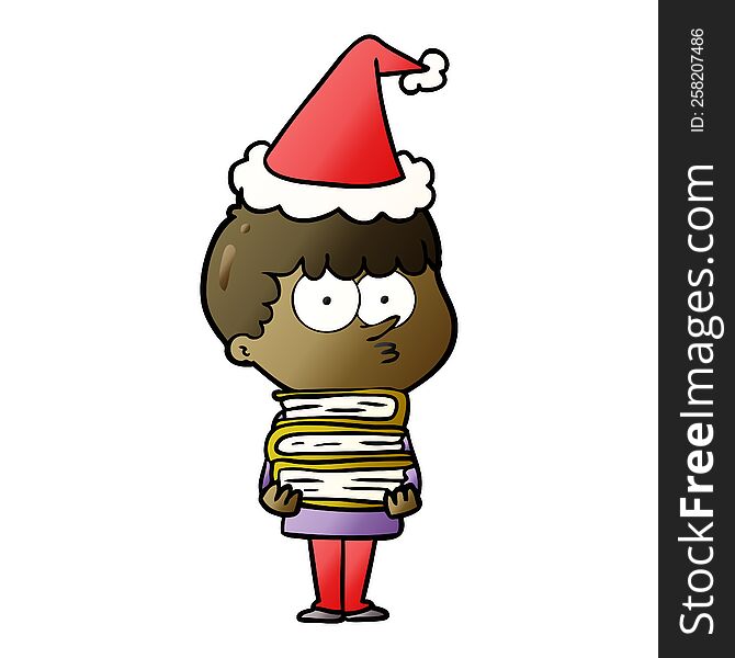 hand drawn gradient cartoon of a curious boy with lots of books wearing santa hat