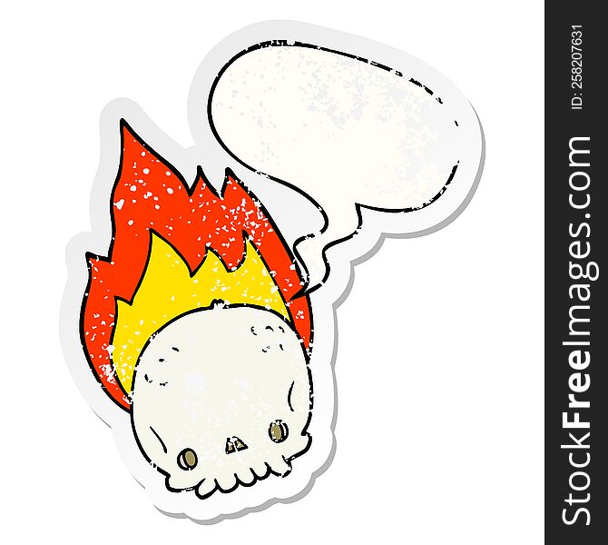 Spooky Cartoon Flaming Skull And Speech Bubble Distressed Sticker