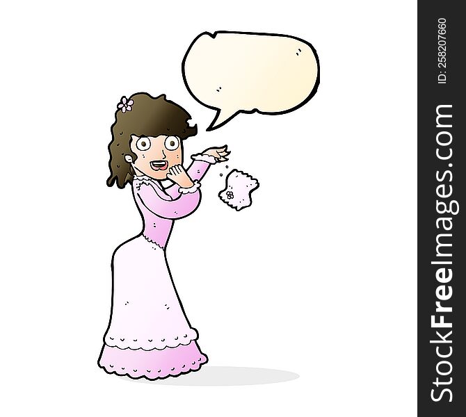 cartoon victorian woman dropping handkerchief with speech bubble