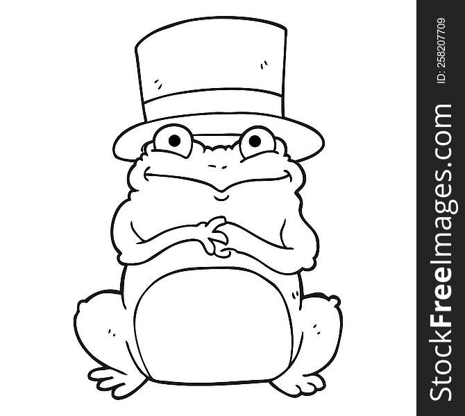 freehand drawn black and white cartoon frog in top hat