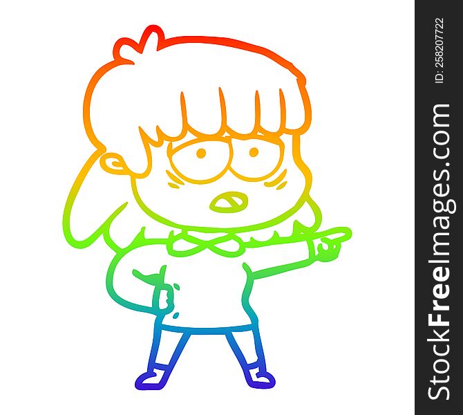 Rainbow Gradient Line Drawing Cartoon Tired Woman Pointing