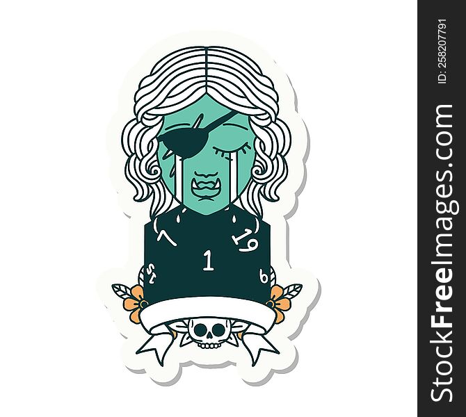 sticker of a crying orc rogue character with natural one roll. sticker of a crying orc rogue character with natural one roll