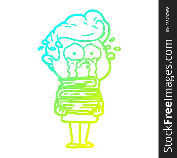 cold gradient line drawing of a cartoon crying student with stack of books