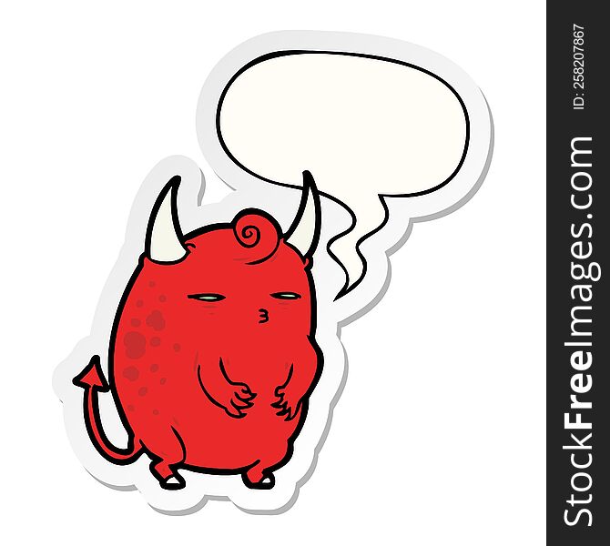 cartoon fat little halloween devil with speech bubble sticker