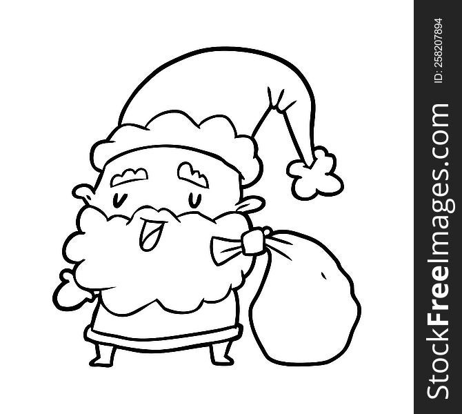 line drawing of a santa claus carrying sack of presents. line drawing of a santa claus carrying sack of presents