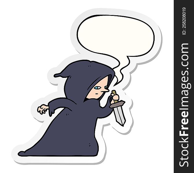 Cartoon Assassin In Dark Robe And Speech Bubble Sticker