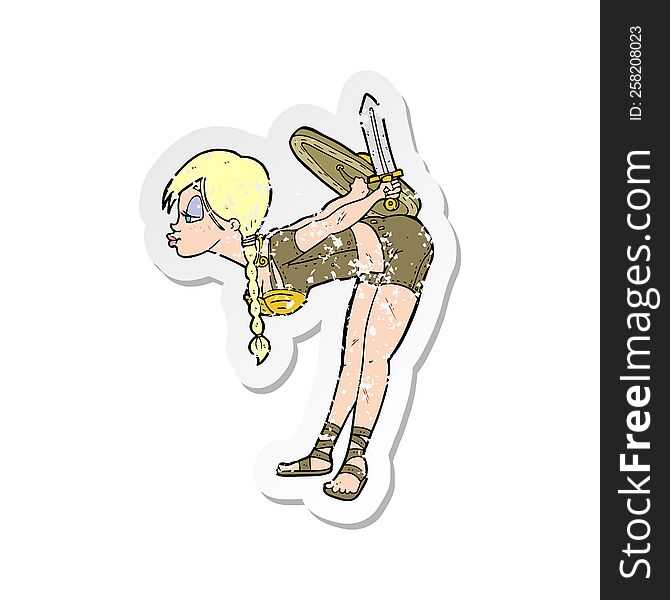 Retro Distressed Sticker Of A Cartoon Viking Girl Bowing