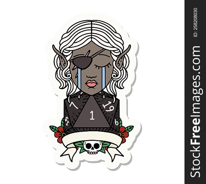 crying elf rogue character with natural one D20 roll sticker